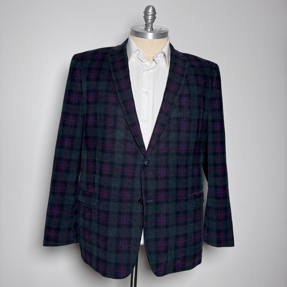 Madison Blazer Mens 50 Green Burgundy Plaid Corduroy Modern Fit 2-Button Jacket